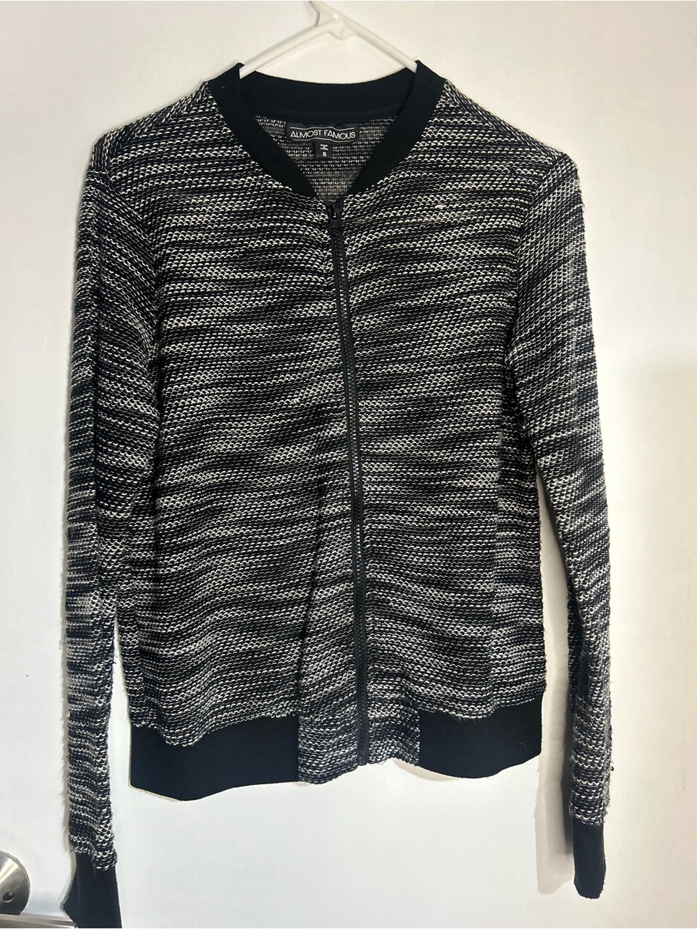 Almost Famous Black and White Marled Zip-Up Knit Bomber
